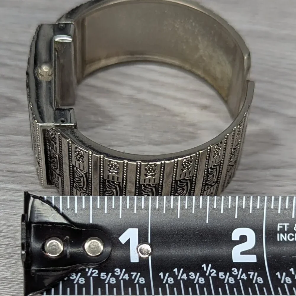 Adrina 3112 Quartz Movement Intricate Silver Tone Cuff Watch w/ Rectangular Face
